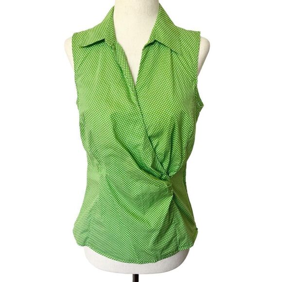 Talbots Petites Sleeveless Faux Wrap Style Blouse 6P Green White Polka Dots - Picture 1 of 7